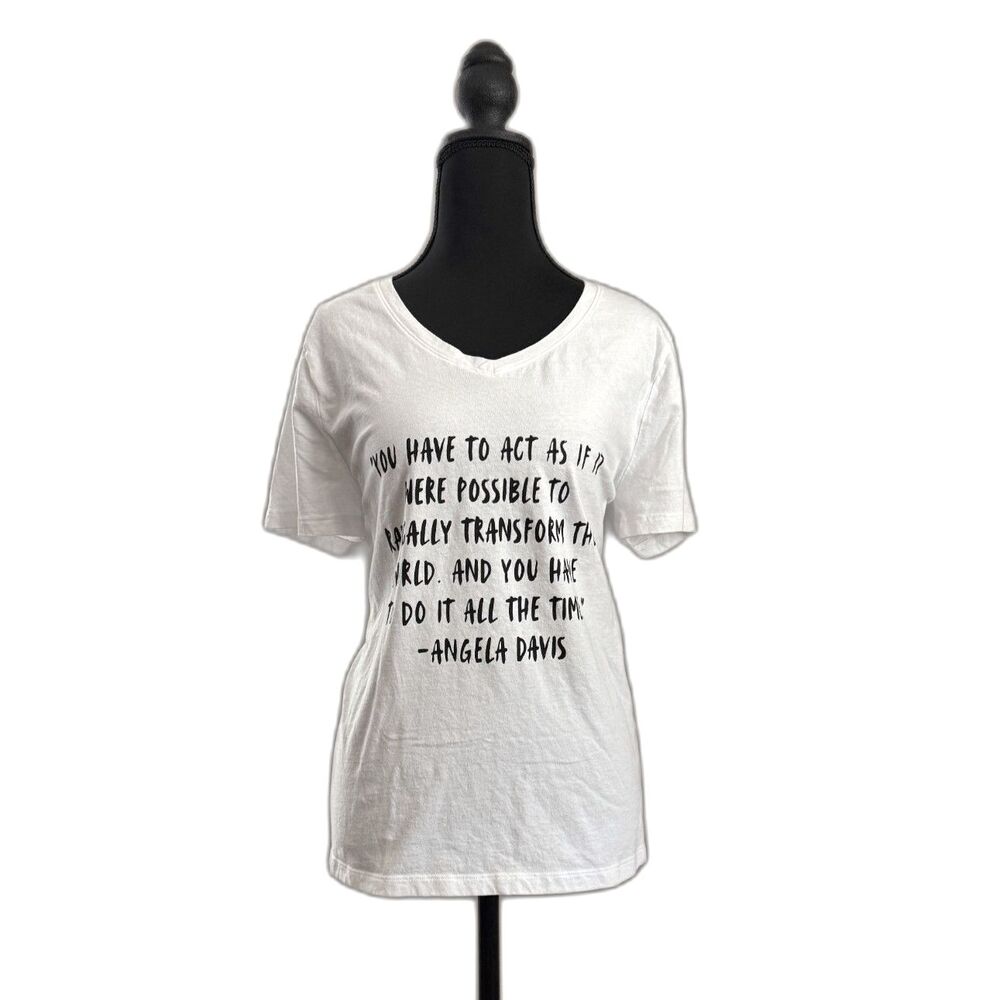 Women's Angela Davis Quote Screen Printed on XL White Time and Tru V-Neck Tee